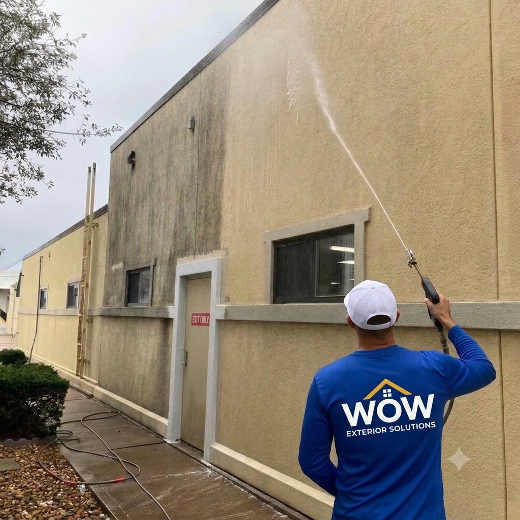 WOW Exterior Solutions technician pressure washing a commercial building wall
