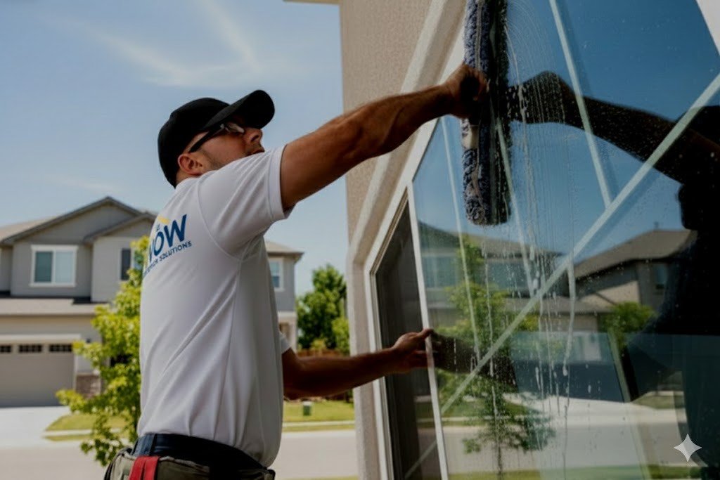 WOW Exterior Solutions technician washing a window with a squeegee