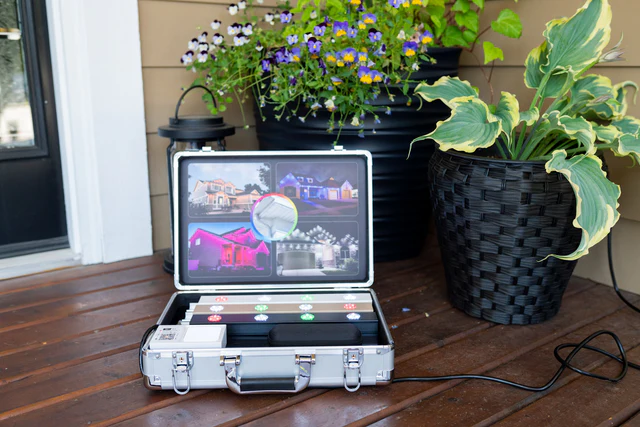 Holiday lighting controller case on a front porch