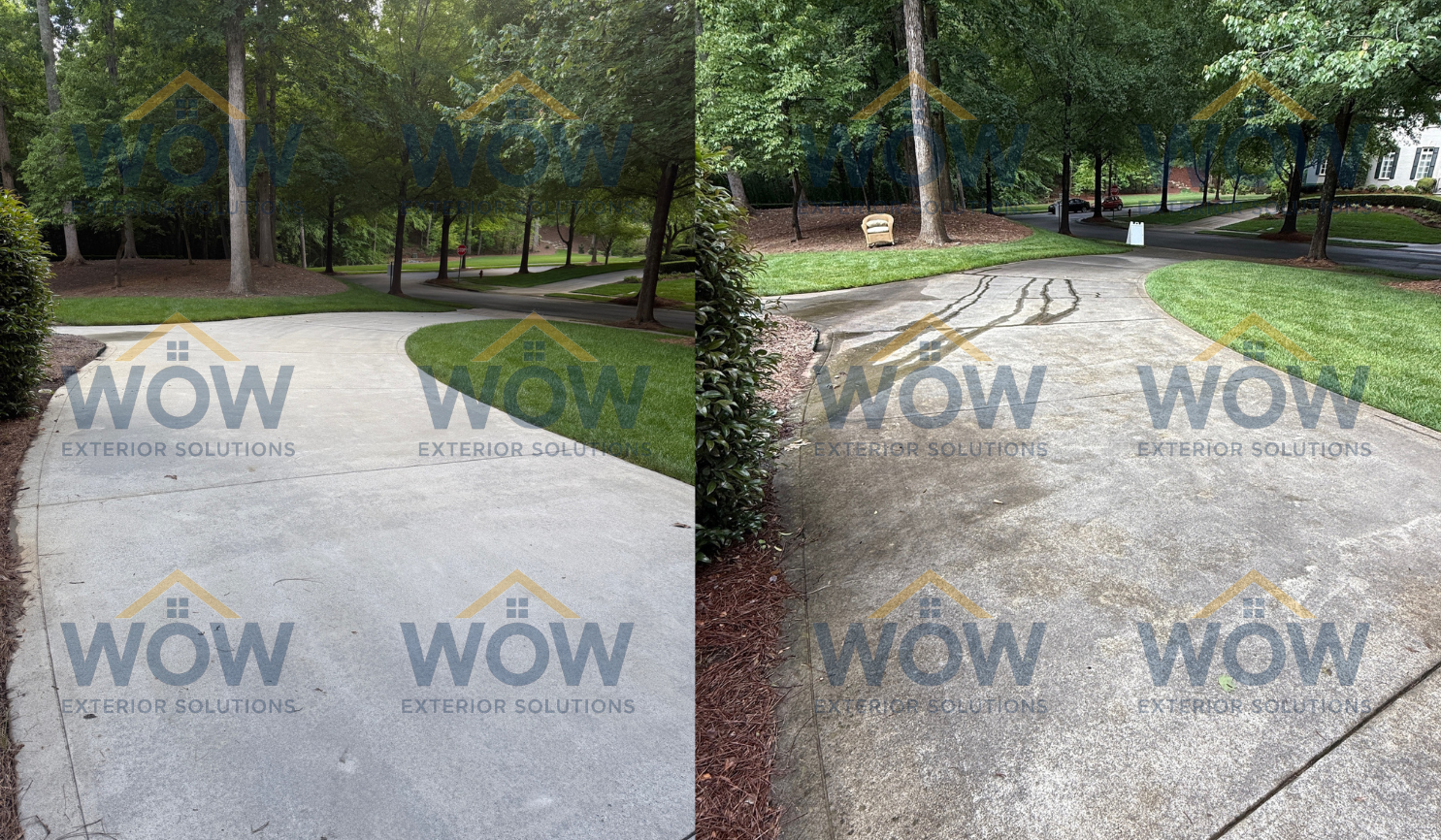 Before and after of a pressure washed concrete driveway