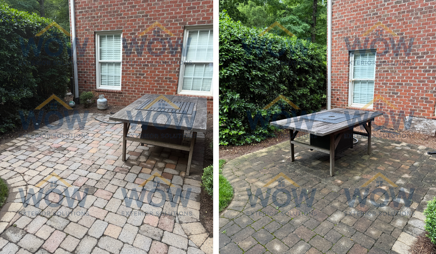 Before and after of a pressure washed paver patio