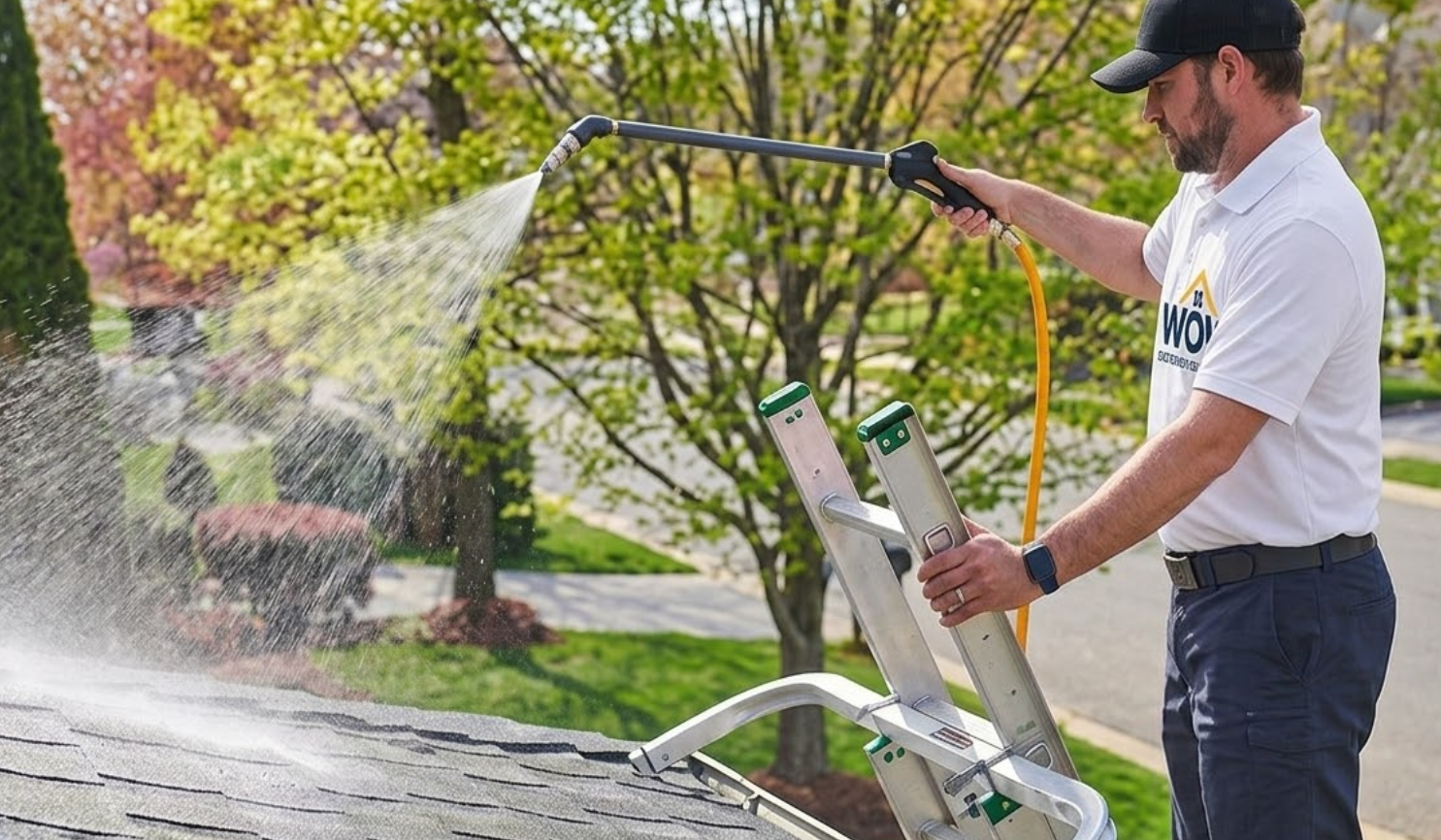 WOW Exterior Solutions technician soft washing a roof from a ladder