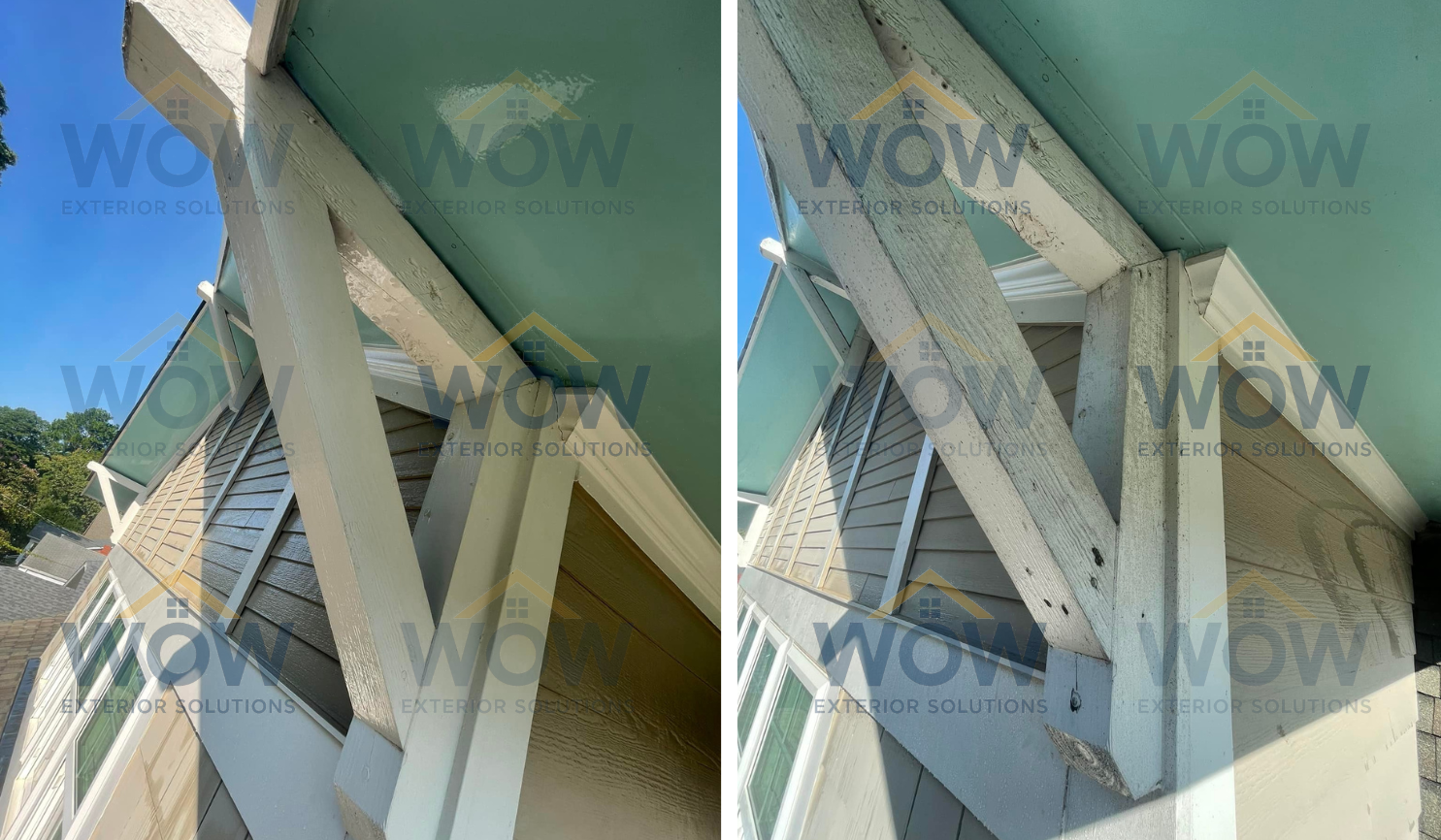 Before and after of soft washed siding and eaves